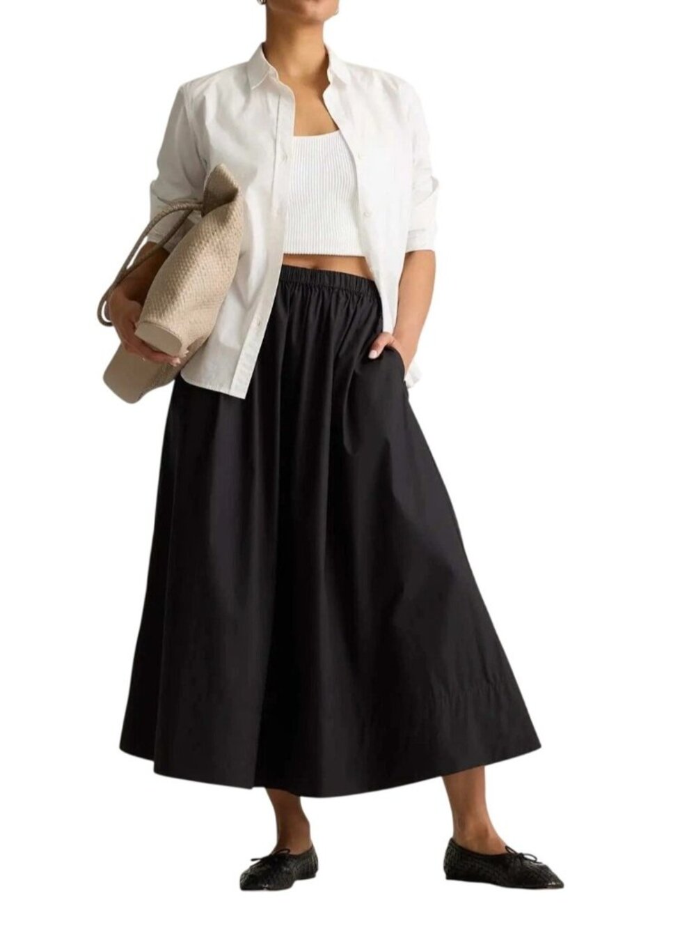 Quince Skirt Organic Cotton A Line Poplin Black Elastic Waist Pocket Size S NWT